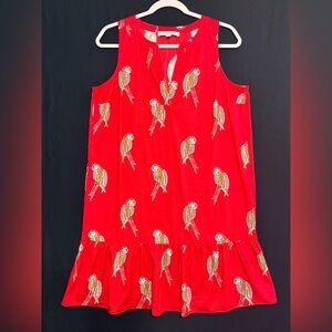 LOFT Red Parrot Print Dress Sleeveless Lightweight Ruffle Hem tropical Cruise